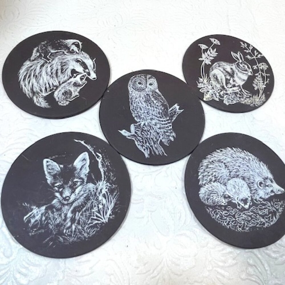 Five VTG 70's Slate Animal Coasters, Badger, Owl, Rabbit, Fox, Hedgehog 3.25"